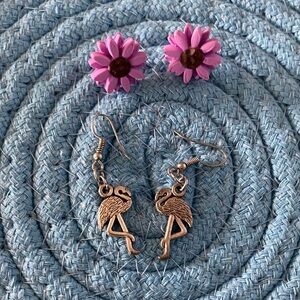 Flamingo and Purple Flower Earrings Set